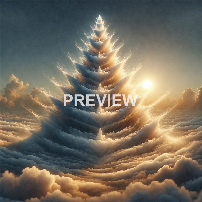 A surreal, fantastical image of a towering, spiral-shaped structure resembling a pine tree made of clouds, illuminated by the warm glow of the sun in a sky filled with soft, billowing clouds.